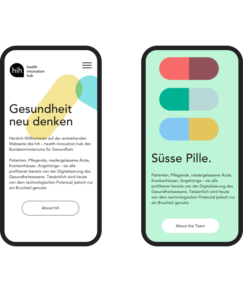 Zwei Handybildschirme der HIH Webseite. Links die About Seite, rechts die Team Seite.