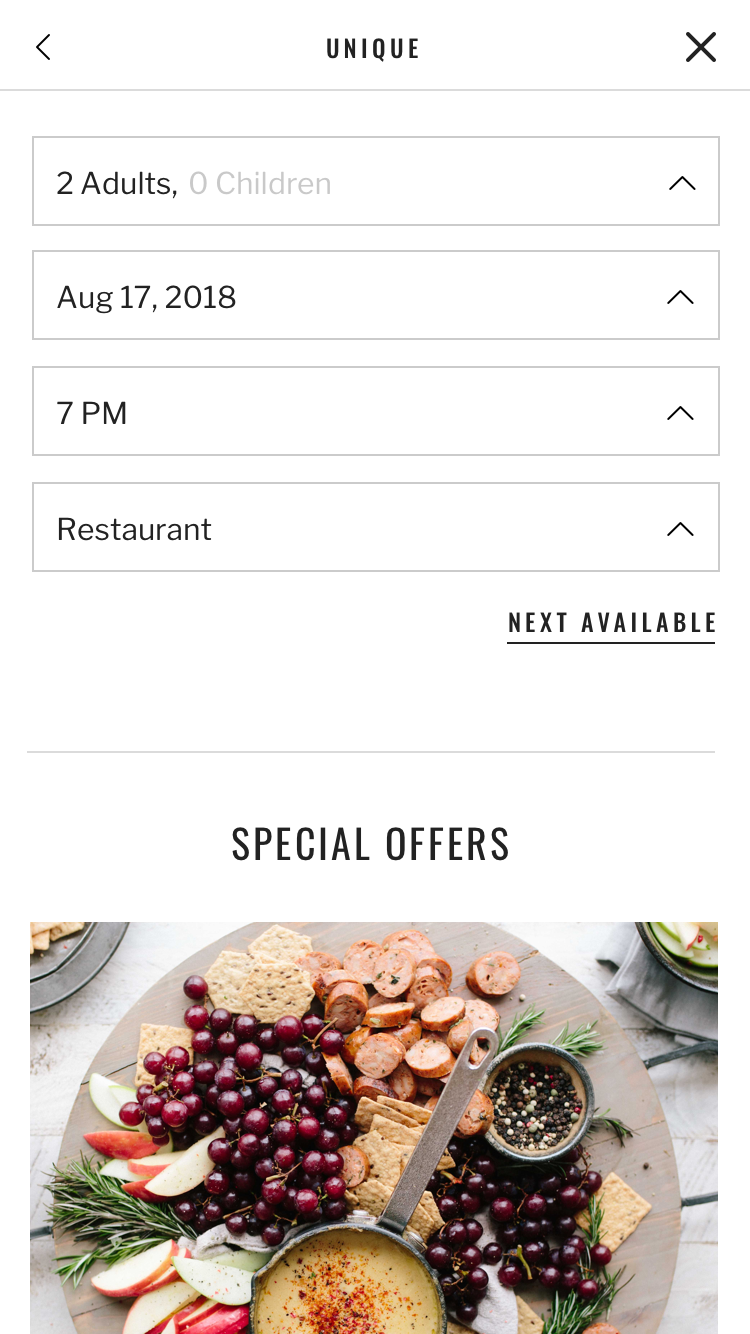 Handyscreen, wo verschiedene Einstellungen zur Reservierung ausgewählt werden können.