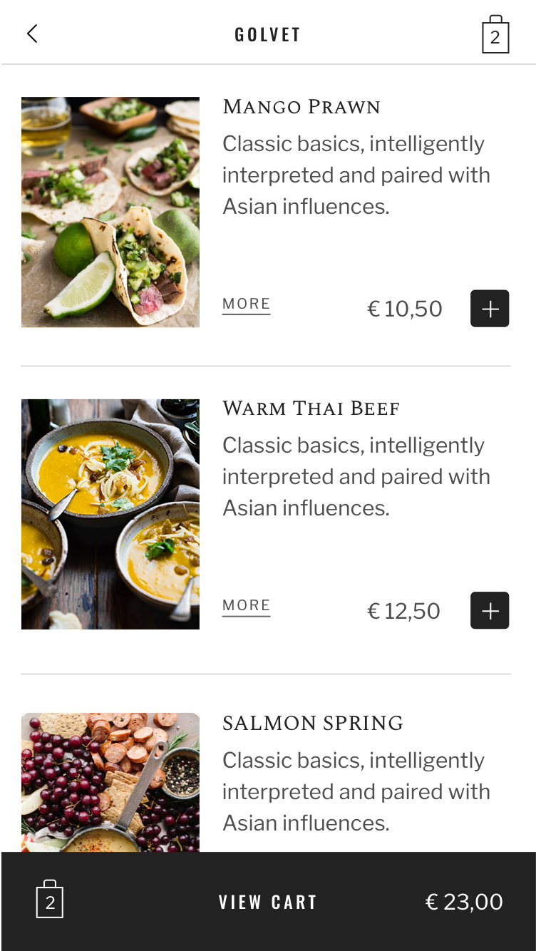 Ende einer Liste verschiedener Hauptgerichte mit Fotos und Preisen in der App-Ansicht.