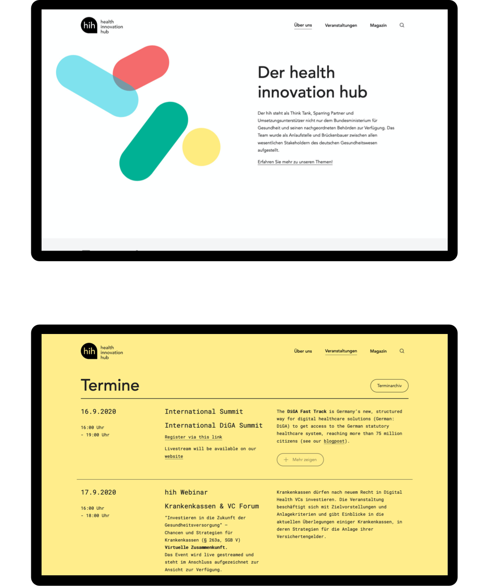 Zwei Website-Bildschirme sind untereinander dargestellt. Oben ist die Seite über den HIH zu sehen, unten eine Terminübersicht in gelb.