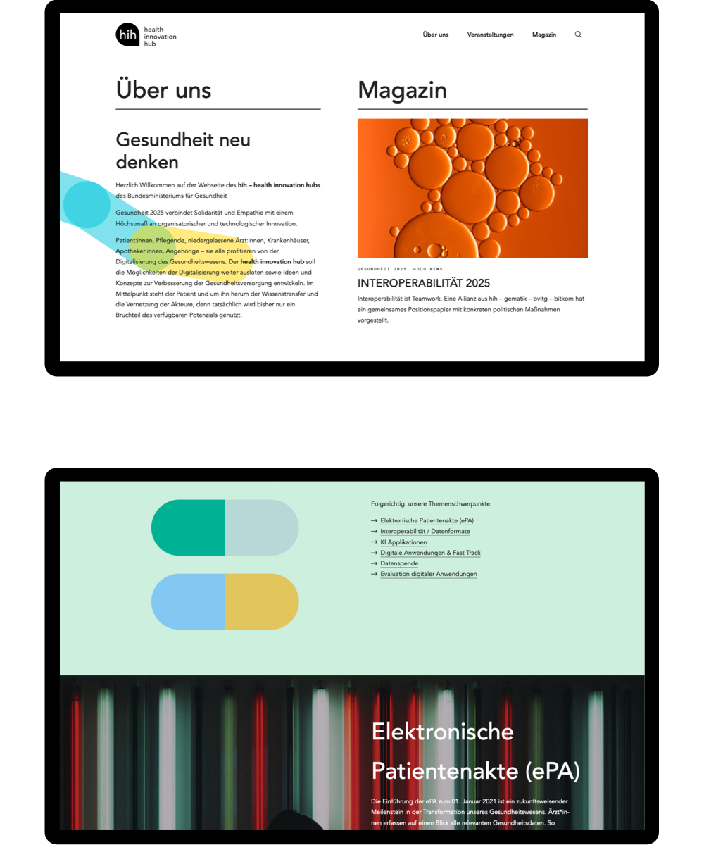 Zwei Website-Bildschirme sind untereinander dargestellt. Oben sind die Seiten „Über uns“ und „Magazin“ zu sehen, unten eine Erklärung der elektronischen Patientenakte.