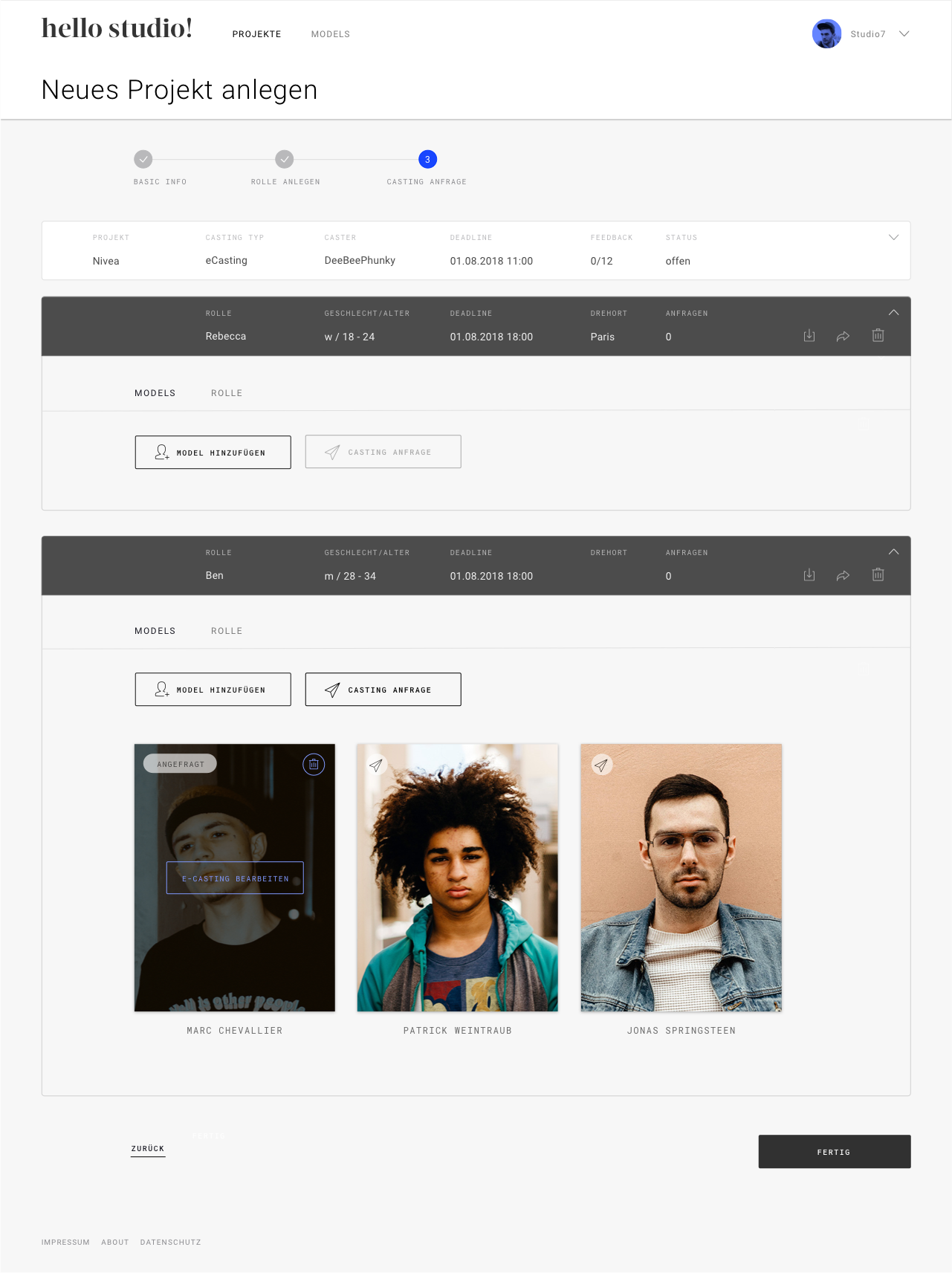 Screen of the website where a new project is created.