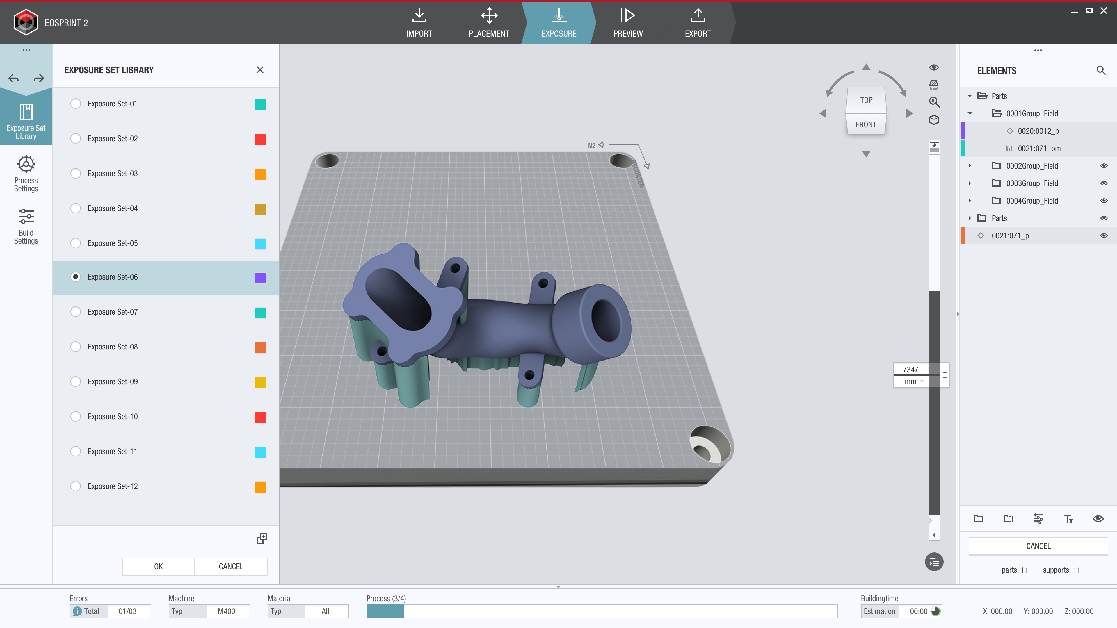 EOSPRINT 2 Ansicht des Bauraums innerhalb der Software, mit zum Teil aufgeklappten Menü.