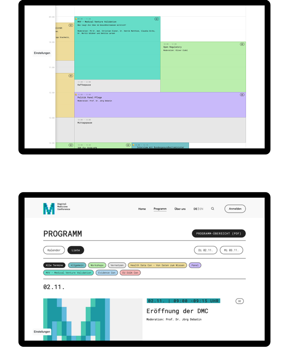 Zwei Website-Bildschirme sind untereinander dargestellt. Oben sind die Einstellungen der Termine zu sehen, unten die Programmübersicht.