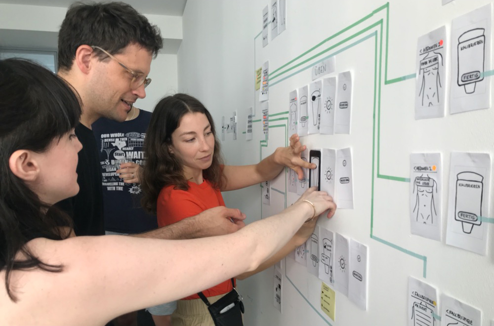 Mehrere Personen arbeiten an einer User Journey aus Papier an der Wand.