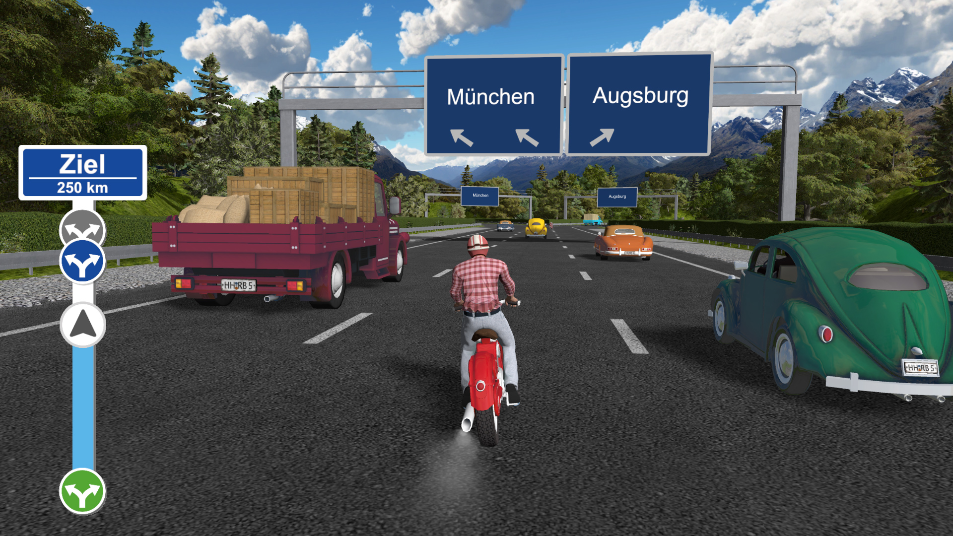 Ausschnitt des Spiels zeigt eine Motorrad-Fahrsimulation auf einer Autobahn in Richtung München und Augsburg mit eingeblendeter Zielangabe.