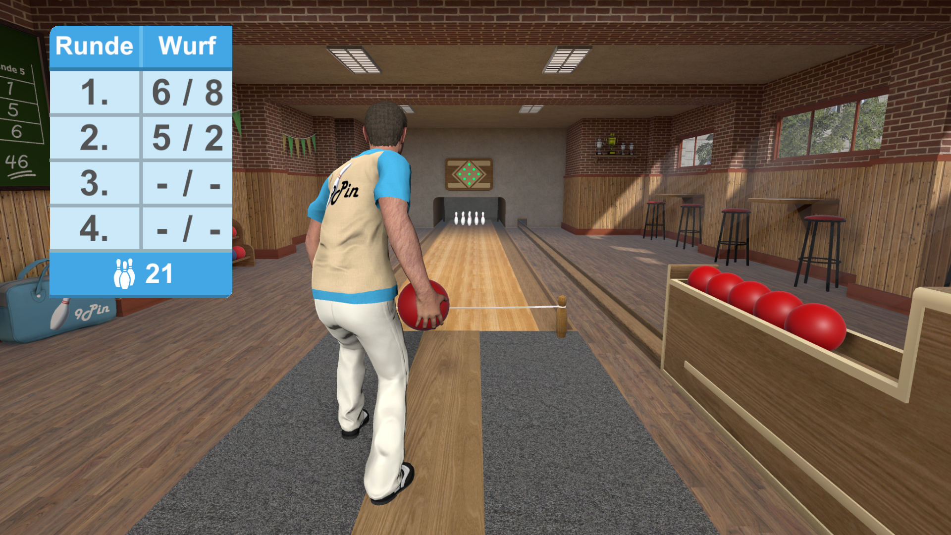 Ausschnitt eines Spiels auf der Bowlingbahn mit Rundenanzeige.