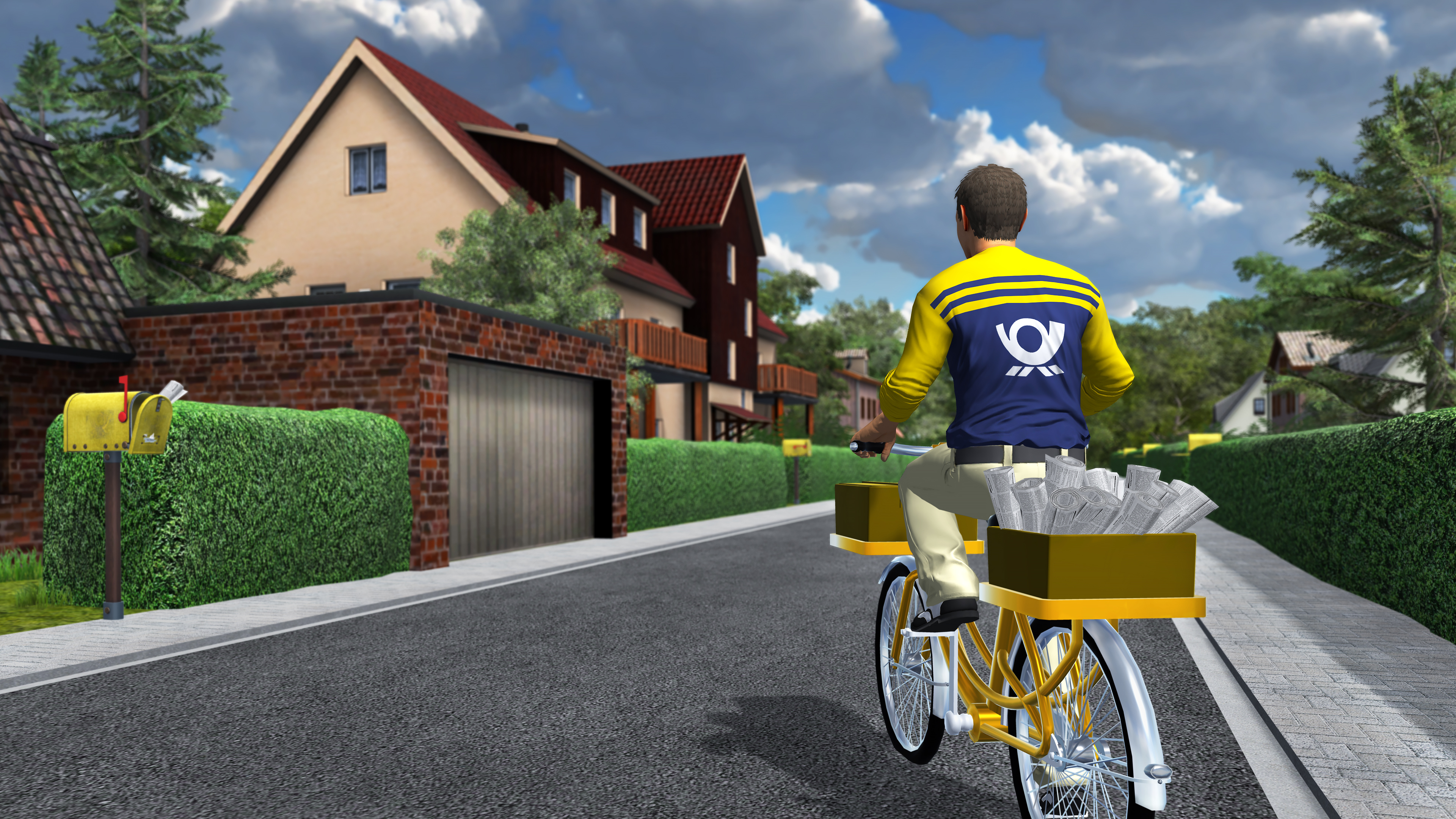 Ausschnitt des Spiels zeigt Simulation eines Zeitungsboten von der deutschen Post auf einem Fahrrad.