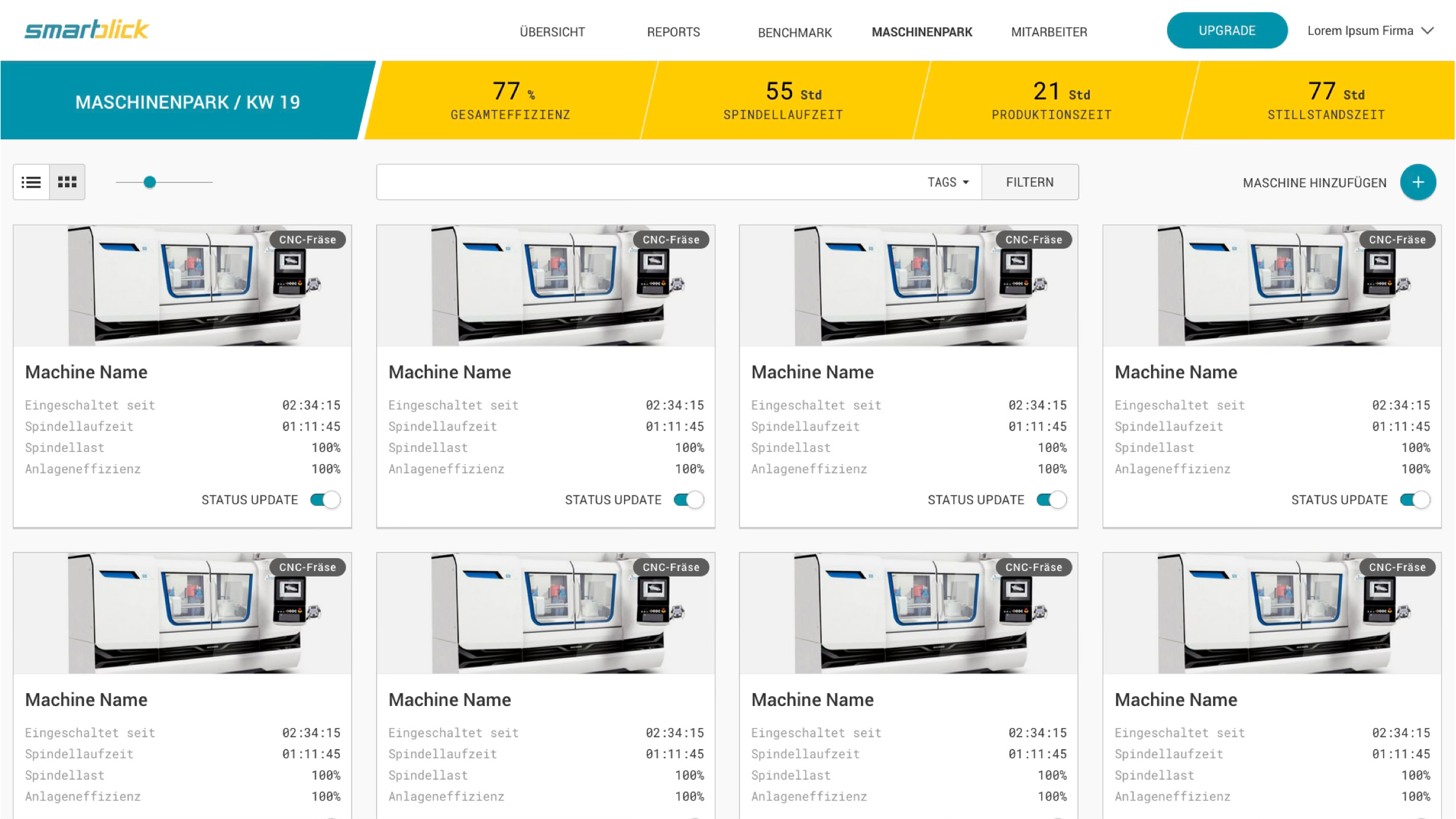 Screen von Smartblick von einer Übersicht der Maschinen.