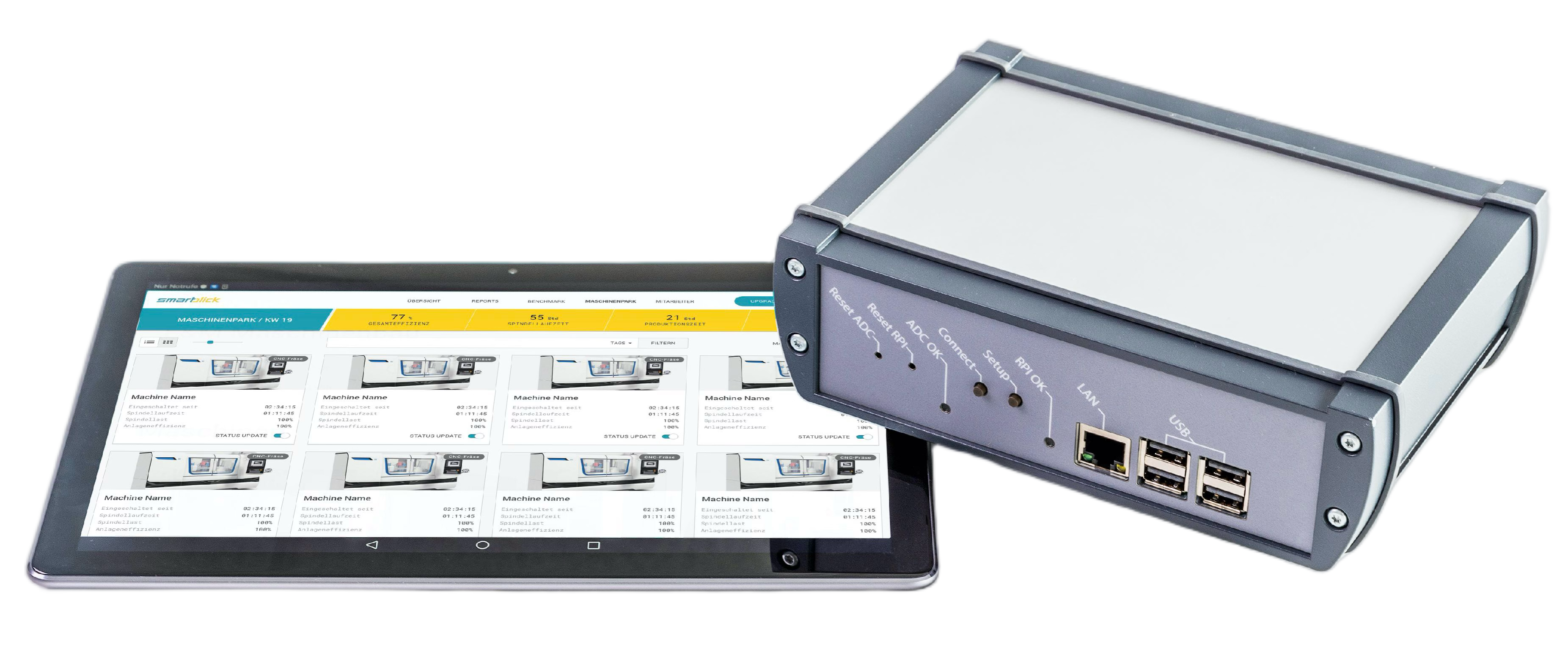 Maschinen-UI auf einem Tablett, liegt links neben einem Industrie-Display.