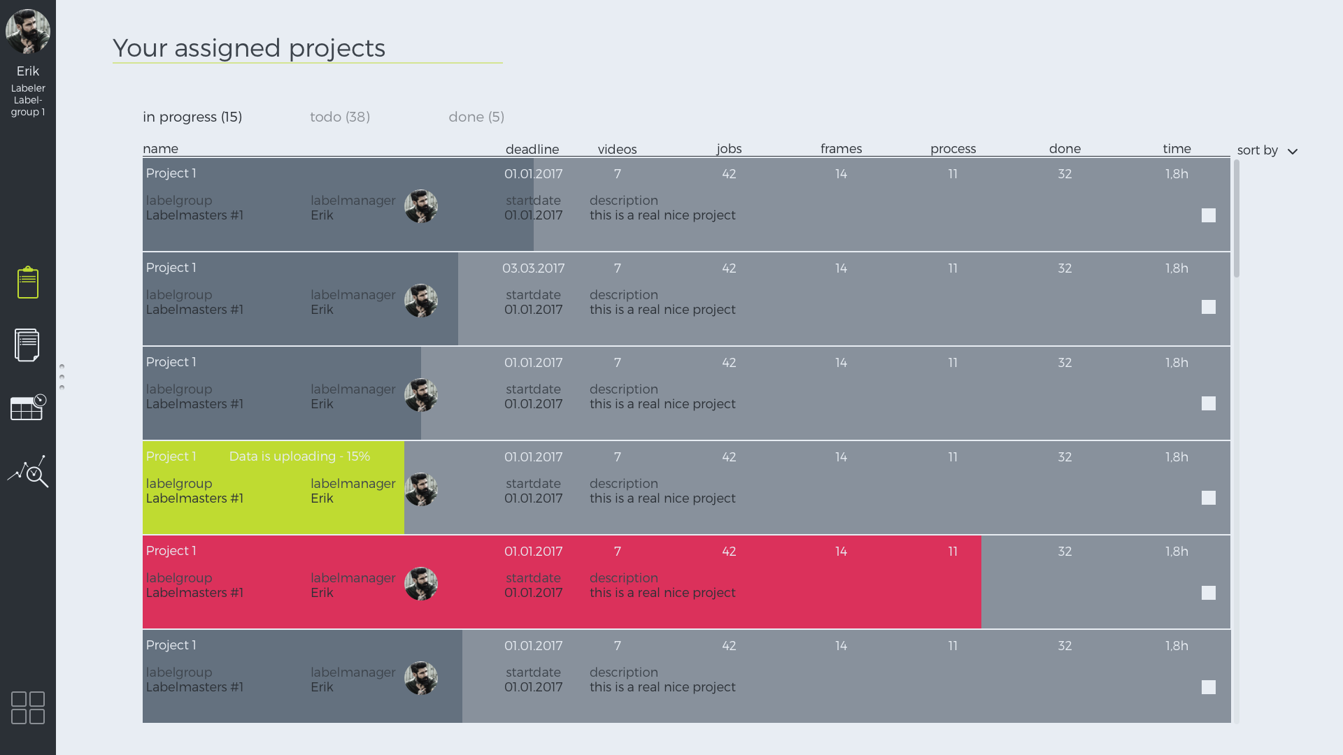 Screen der Software zeigt Übersicht der Projekte.