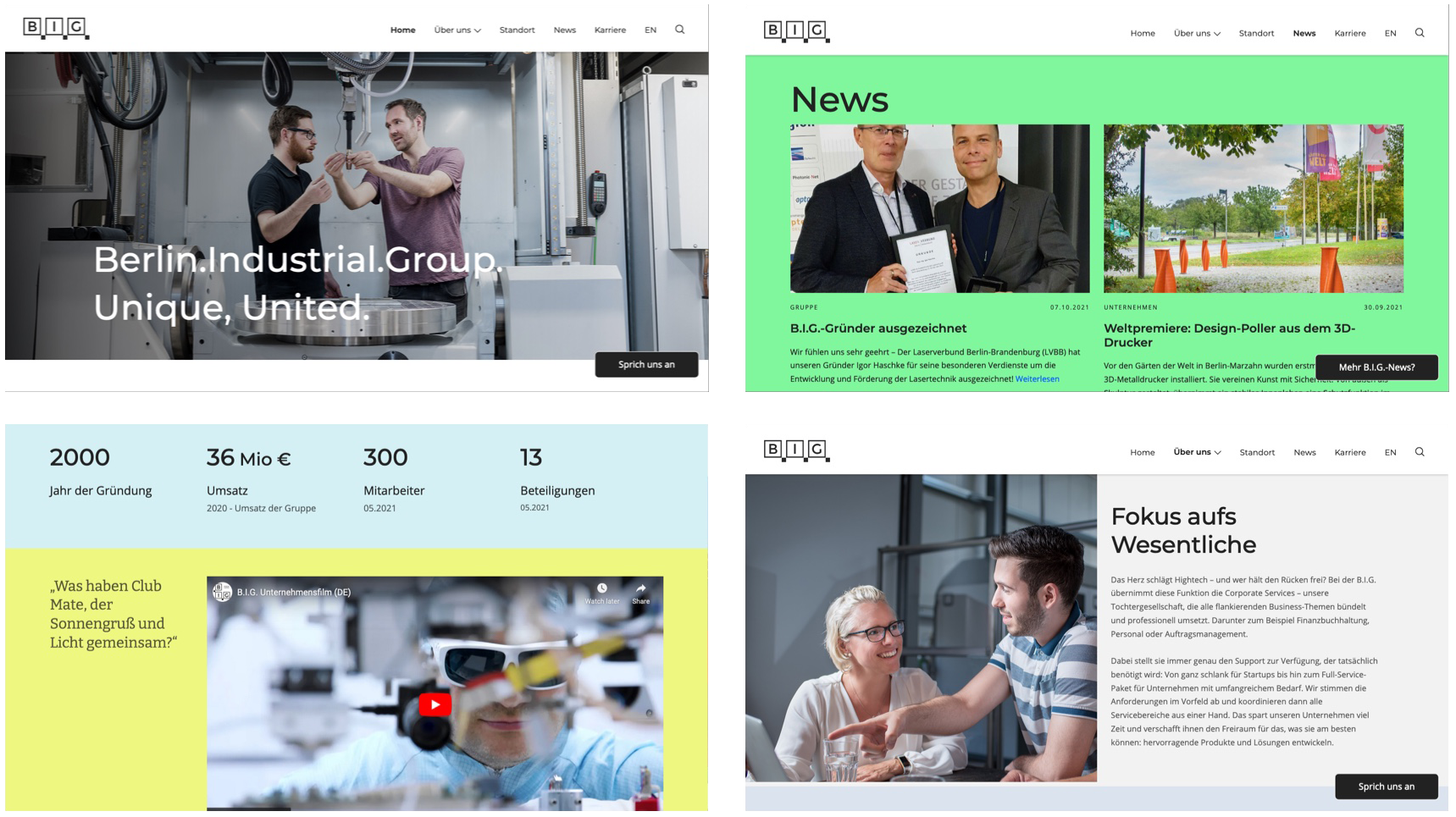 Vier Landing Pages der Berlin Industrial Group Webseite.