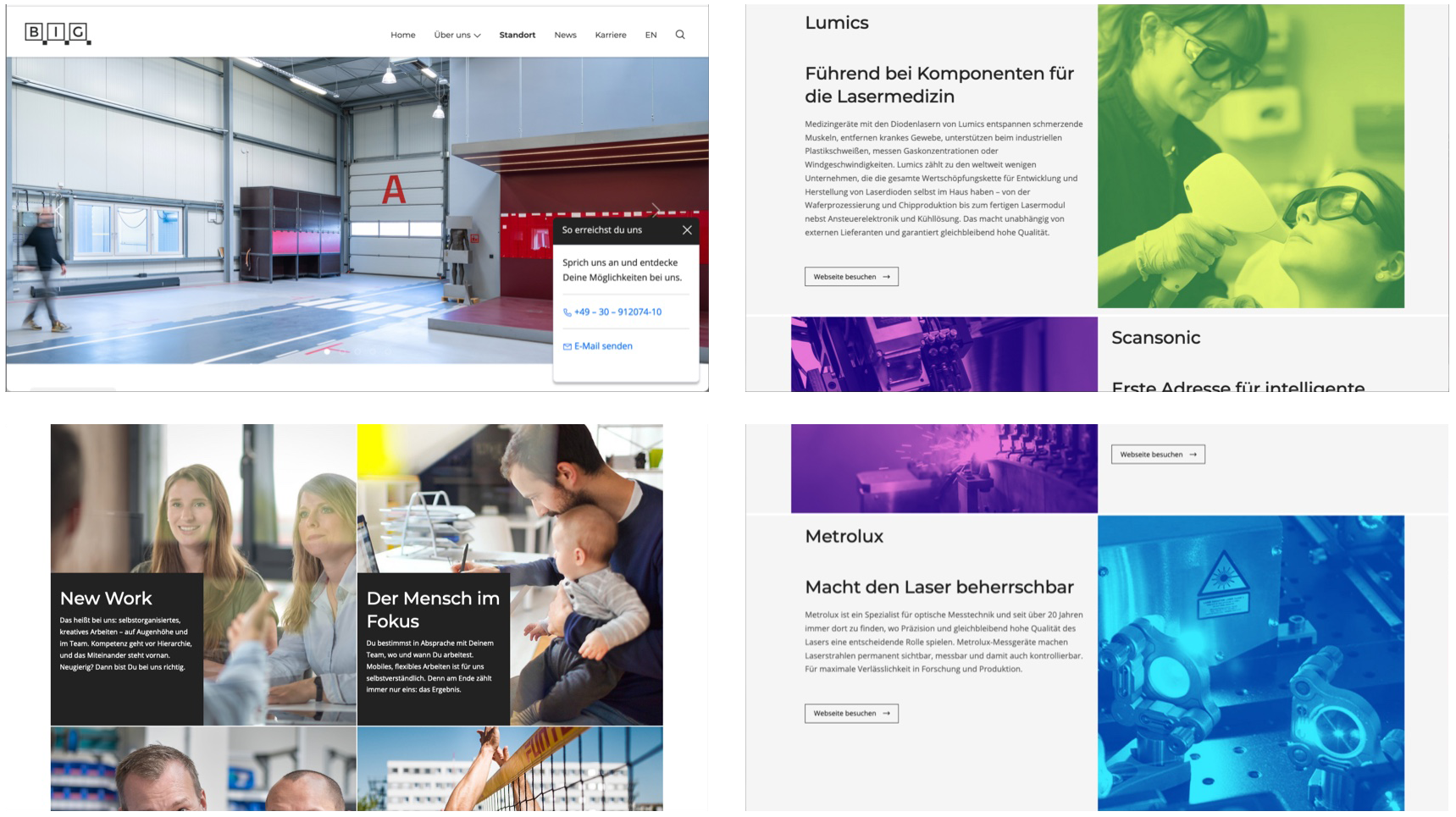 Vier Ausschnitte der Berlin Industrial Group Webseite.