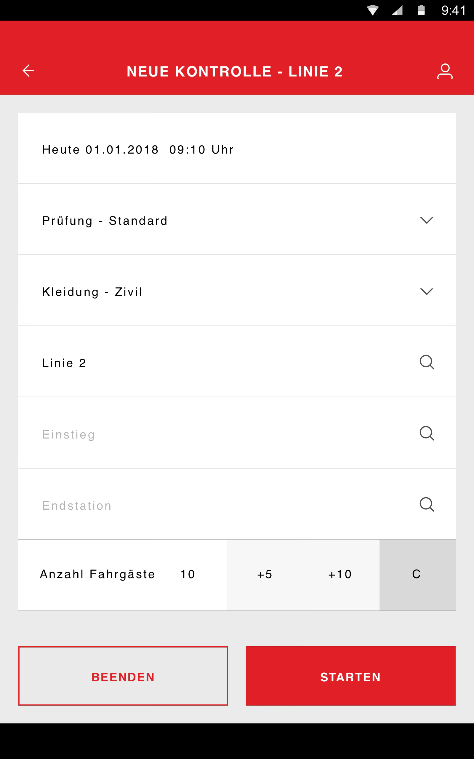 Screenshot der App mit dem Bildschirm zum Starten einer Kontrolle.