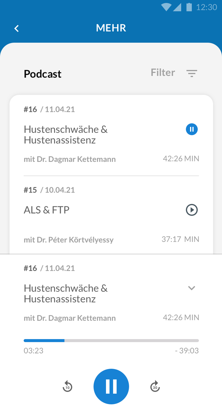 Screenshot der Podcastfunktion in der App.