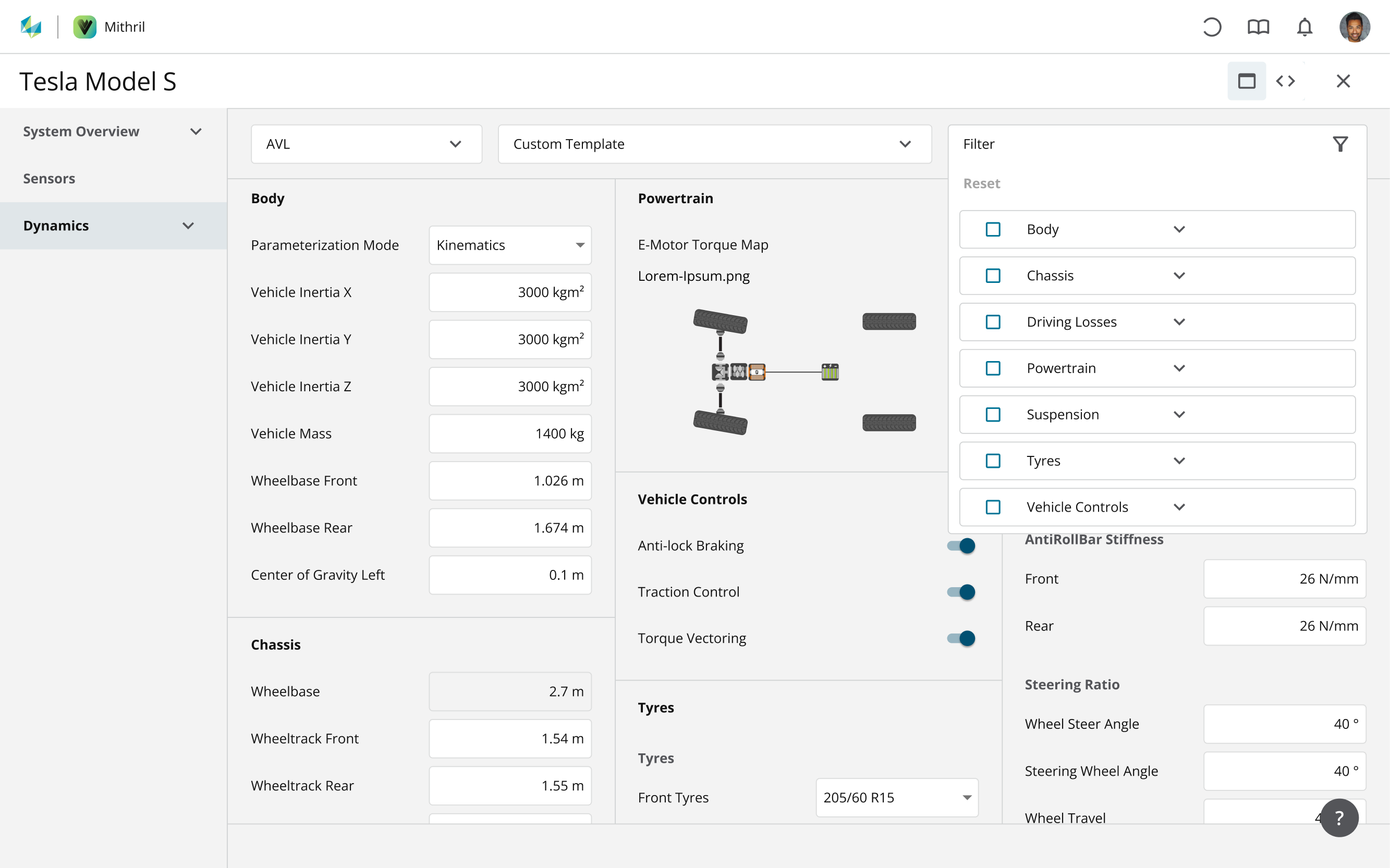 Screen einer Übersicht mehrerer technischer Parameter des Autos.