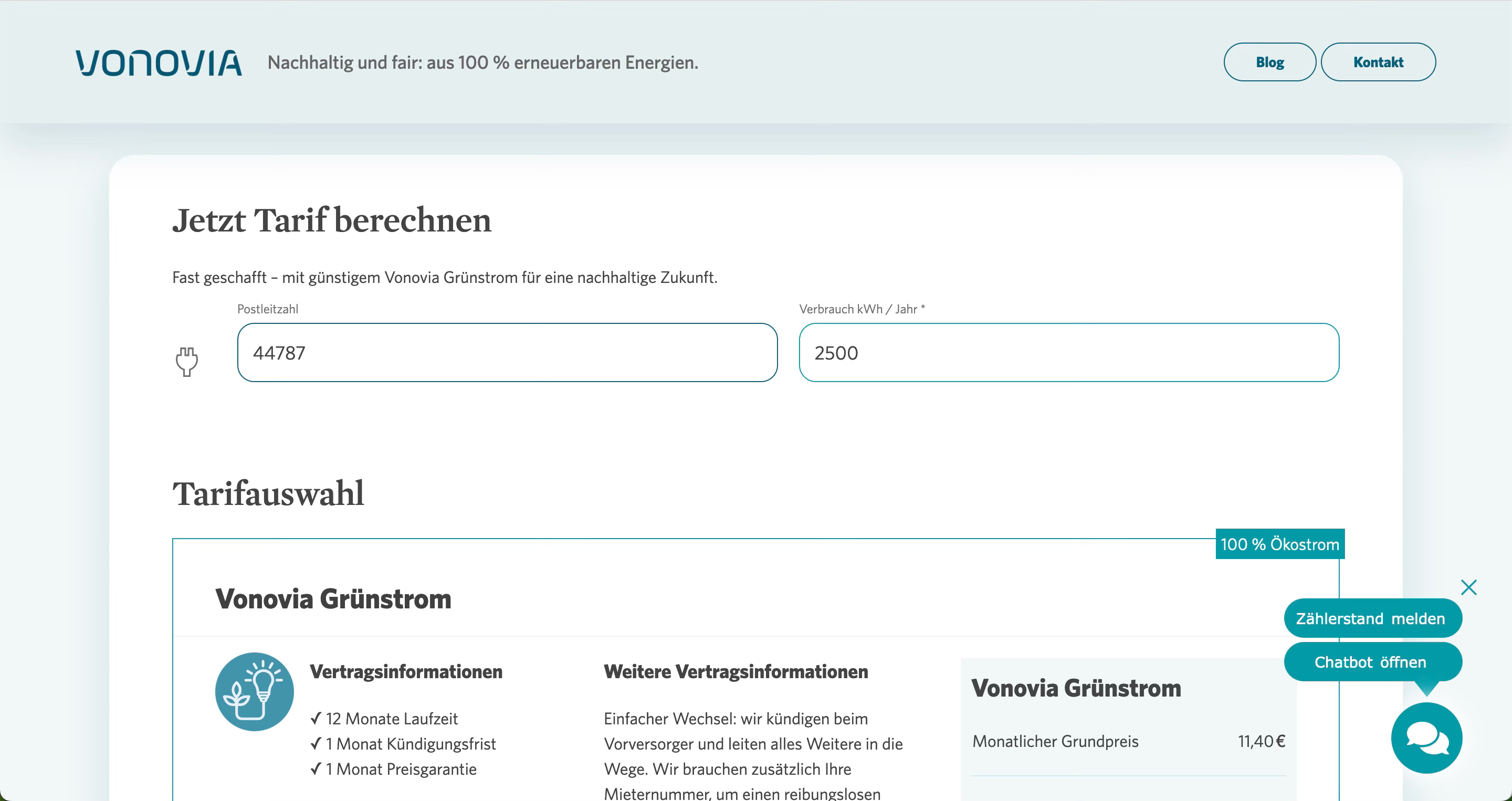 Webseite von Vonovia, um einen Tarif berechnen zu lassen.