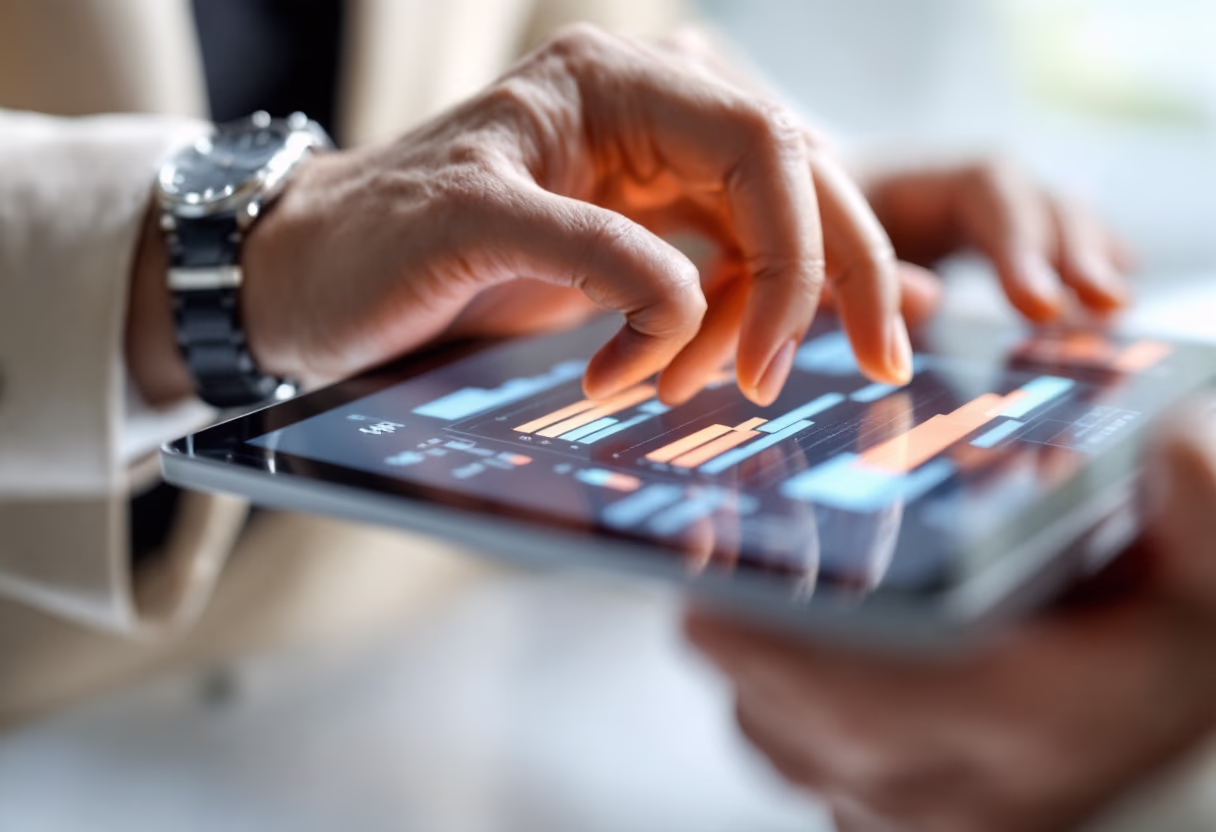 image of business professional reviewing analytics (for a hr tech)