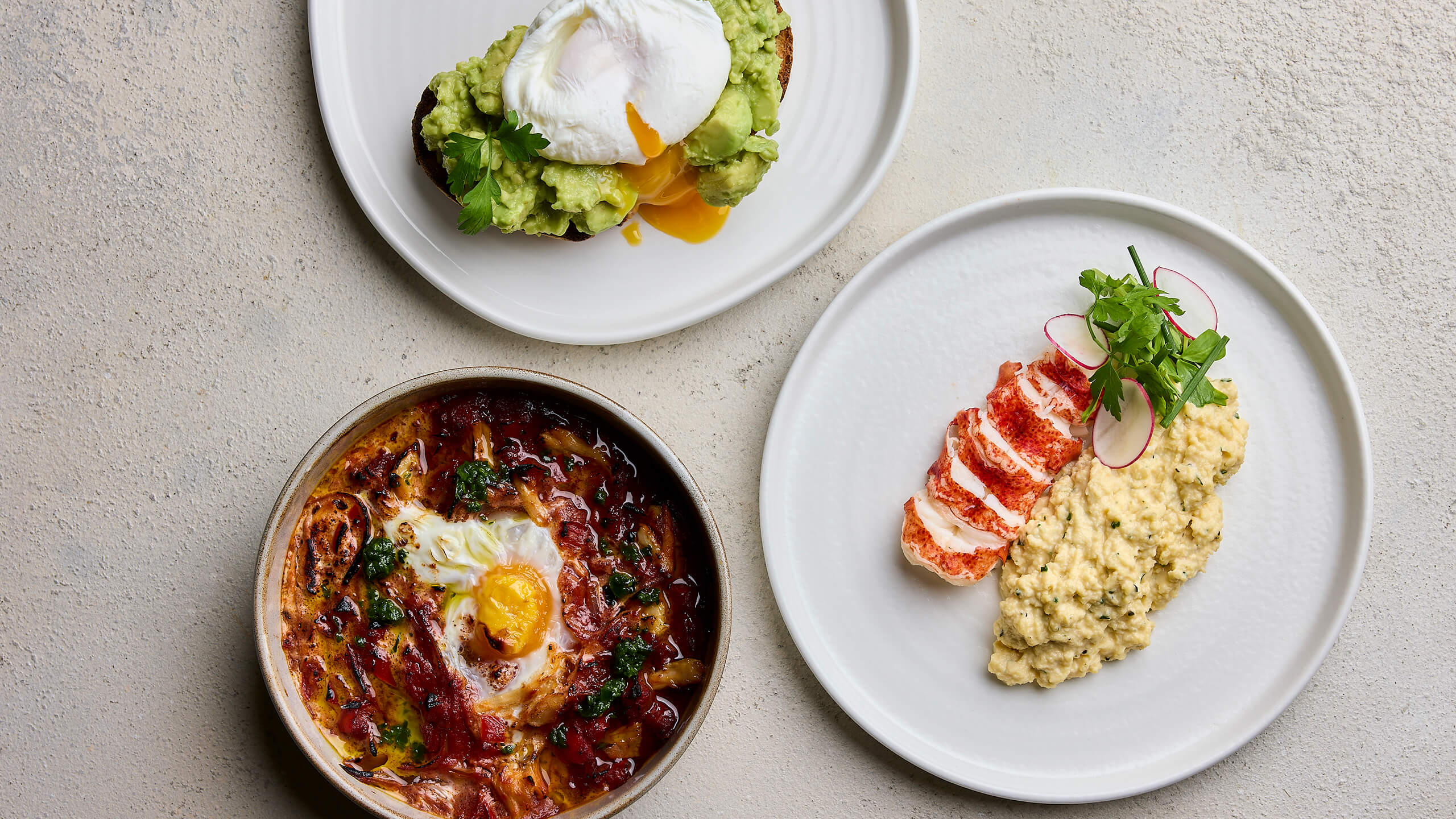 Three dishes: avocado toast with poached egg on a white plate, a bowl with cooked egg, bacon, and sauce, and a plate with sliced lobster meat, scrambled eggs, and garnished greens and radish slices.