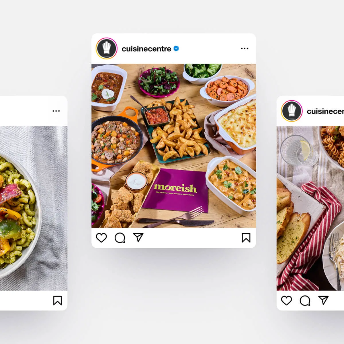 Table filled with various dishes including potato wedges, salad, carrots, broccoli, stew, fried items with dip, and baked cheesy casserole.