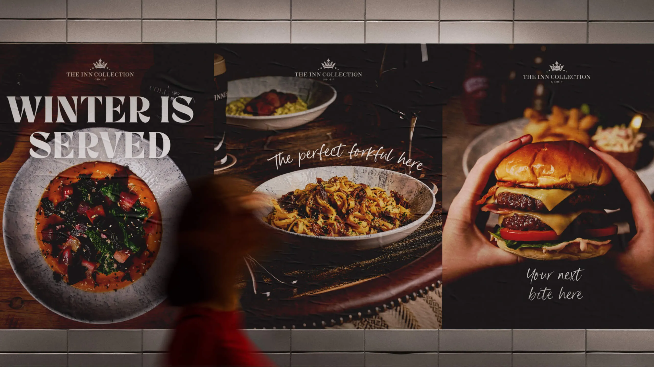 Three winter dishes displayed: a hearty vegetable stew, a plate of seasoned pasta, and a double cheeseburger held by two hands.