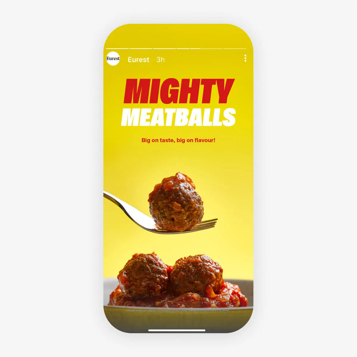 Fork holding a meatball above a plate with two meatballs in tomato sauce under yellow background and bold text saying Mighty Meatballs.