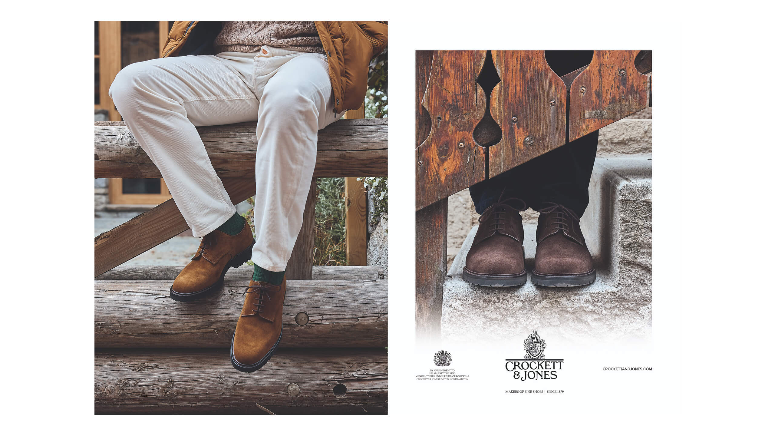 Two images of men's Crockett & Jones suede shoes: on the left, brown shoes worn with beige pants sitting on wooden logs; on the right, dark brown shoes peeking under a wooden fence with stone steps.