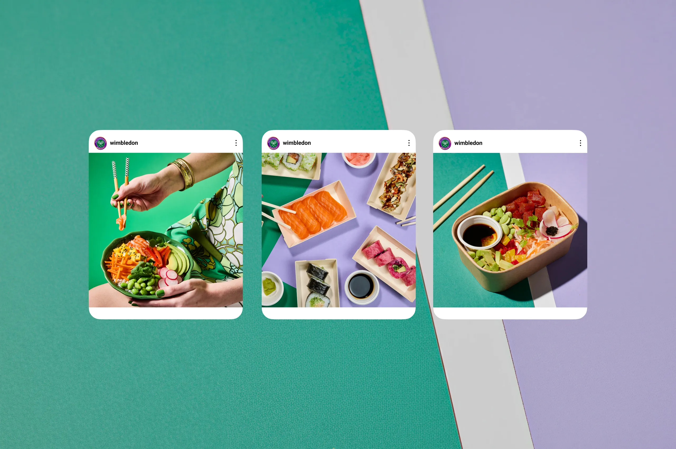 Three Instagram posts from Wimbledon showing colourful sushi and poke bowls with chopsticks on vibrant backgrounds.