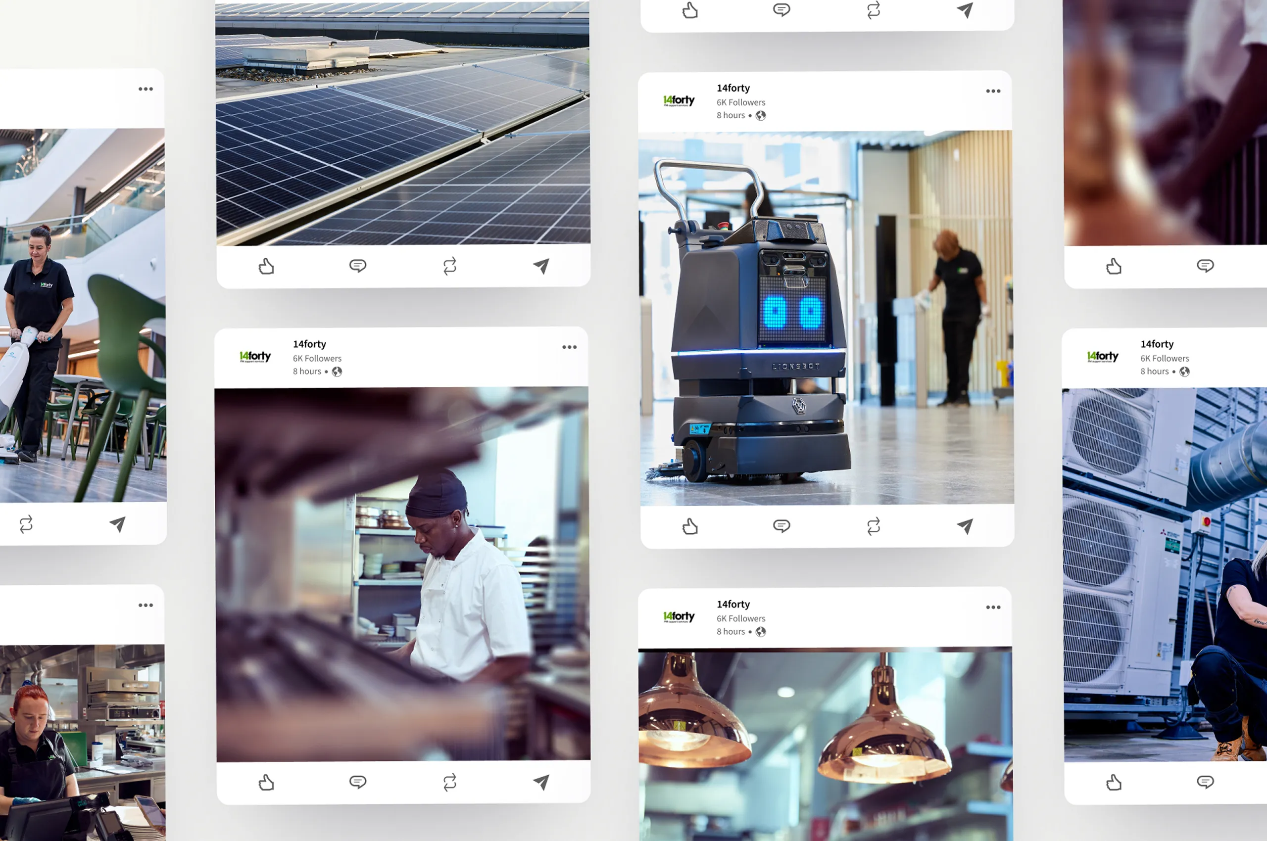 Collage of images showing solar panels, commercial kitchen staff, a cleaning robot in a hallway, and industrial HVAC units for 14forty.