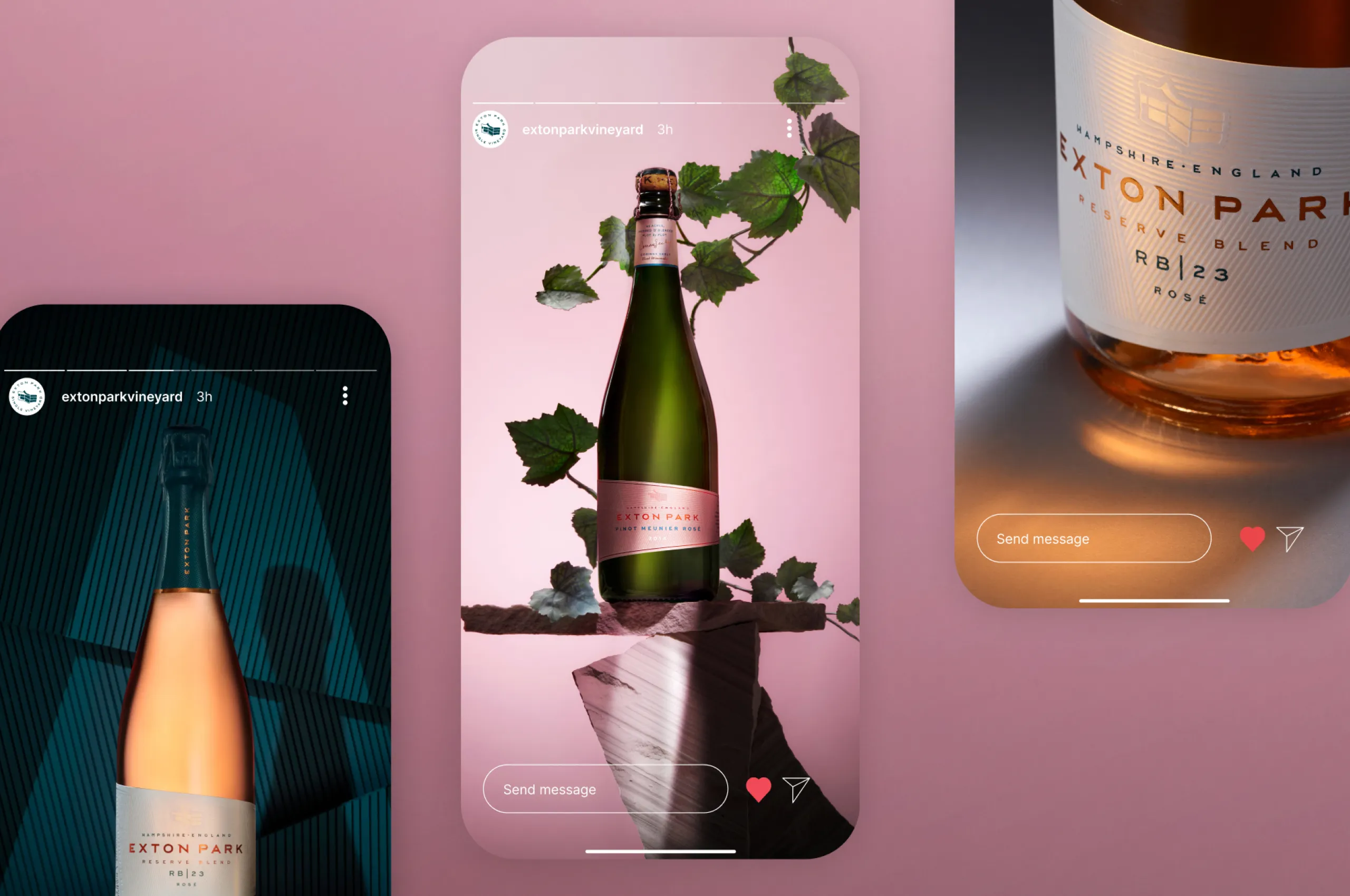Three Instagram story screens showing Exton Park rosé wine bottles with artistic backgrounds of leaves, textured surfaces, and a dark blue abstract pattern.