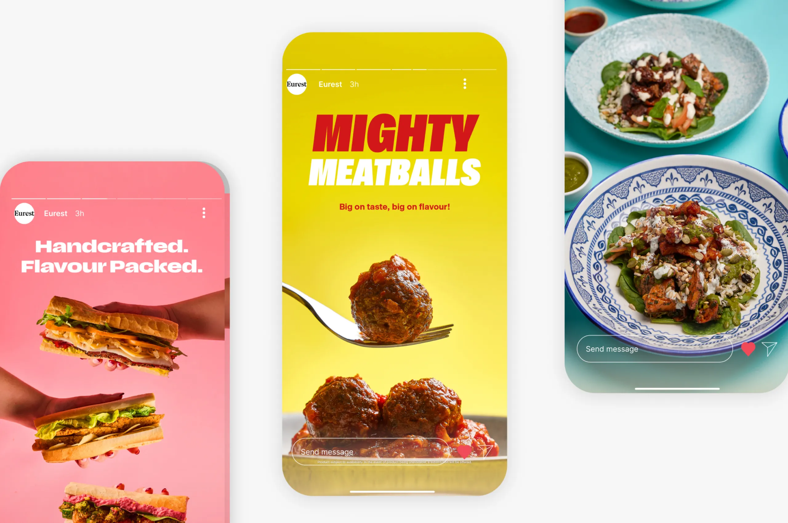Three smartphone screens displaying food ads: left shows hands holding sandwiches against pink background with text 'Handcrafted. Flavour Packed.'; center shows meatballs on a fork and in a bowl with yellow background and text 'Mighty Meatballs'; right shows bowls of salad with sauce on a blue background for Eurest.