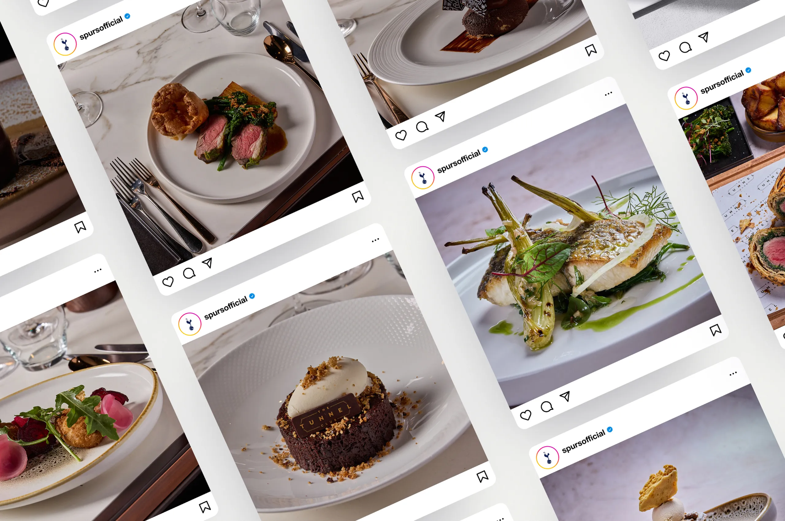 Collage of gourmet dishes including roasted meat with yorkshire pudding, plated fish with vegetables, and a chocolate dessert with cream from Spurs Official Instagram posts.
