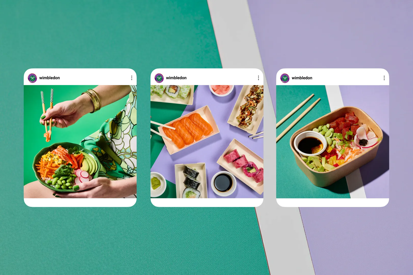 Three Instagram posts from Wimbledon showing colourful sushi and poke bowls with chopsticks on vibrant backgrounds.