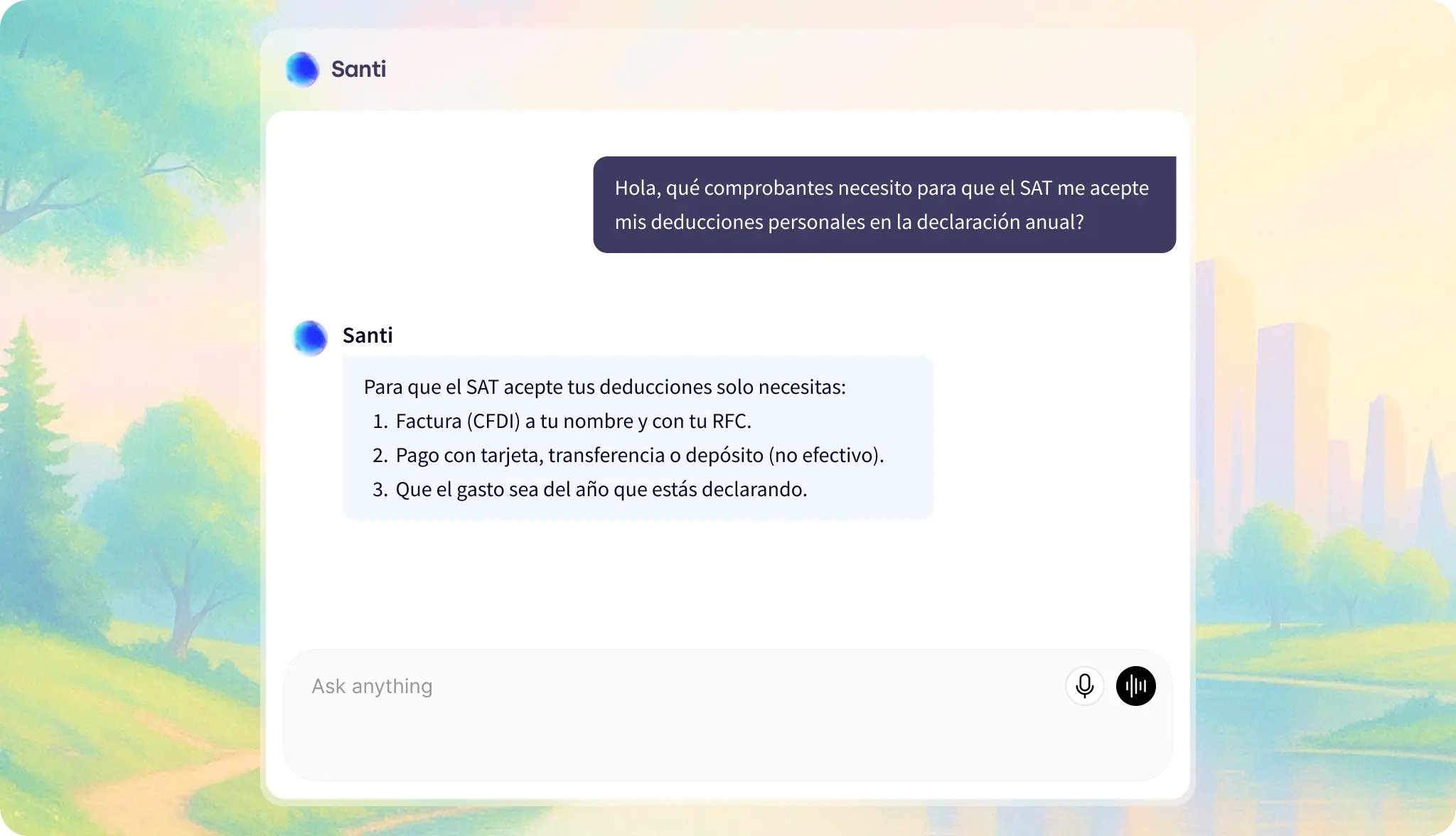 Chat de Santi, el asistente fiscal inteligente de TaxDown