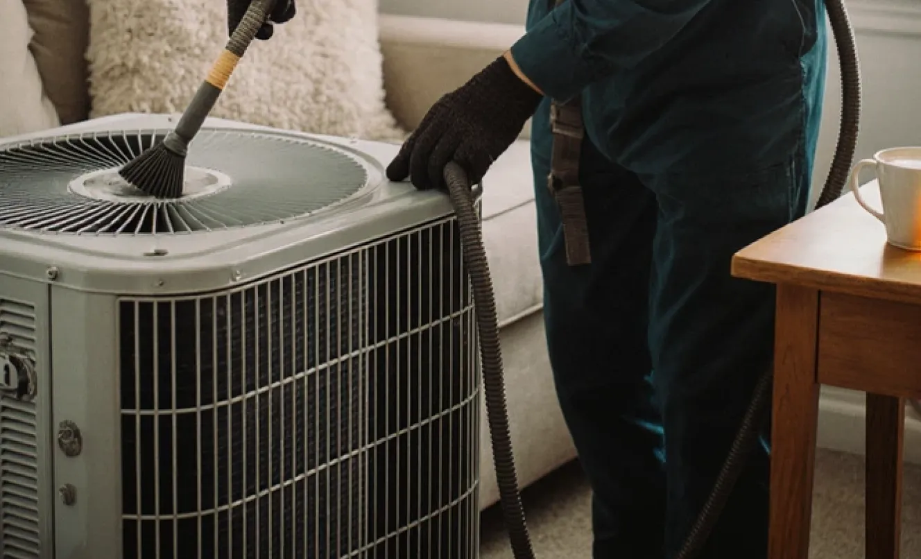 Technician cleaning outdoor AC unit