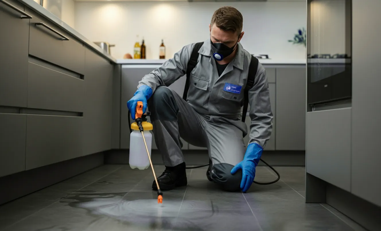 Pest control professional spraying a kitchen floor