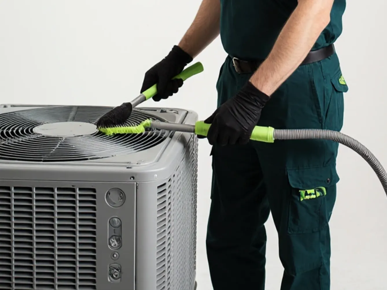 Worker brushing an outdoor AC condenser