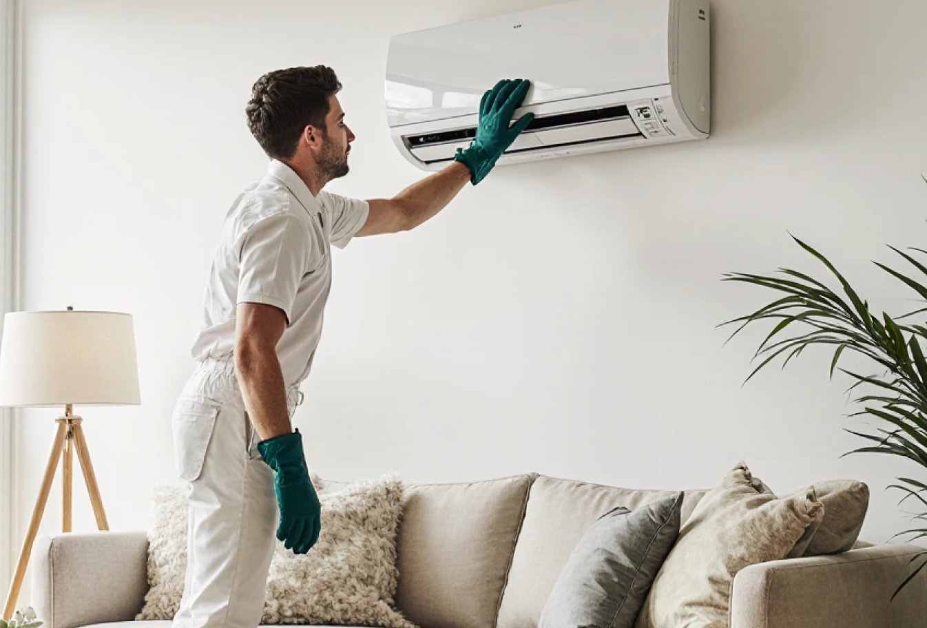 Professional cleaning an AC in a living room