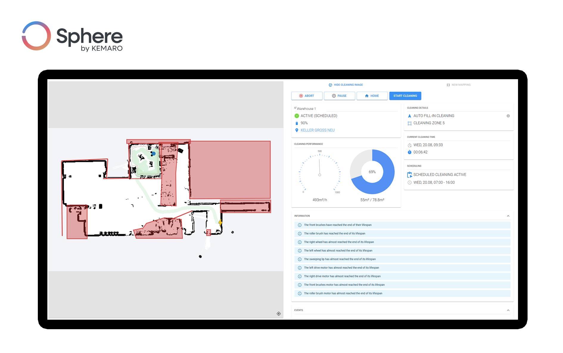 Web App dashboard showing data and mapping for robot management and monitoring.
