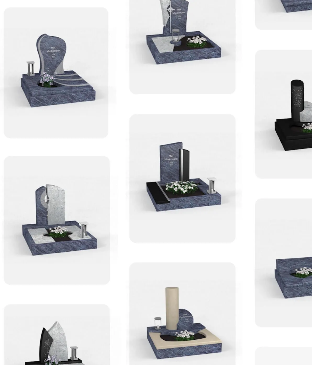 Moderner Grabstein aus blau marmoriertem Stein mit beige Details, Blumenornament und eingravierter Goldschrift von DESTAG