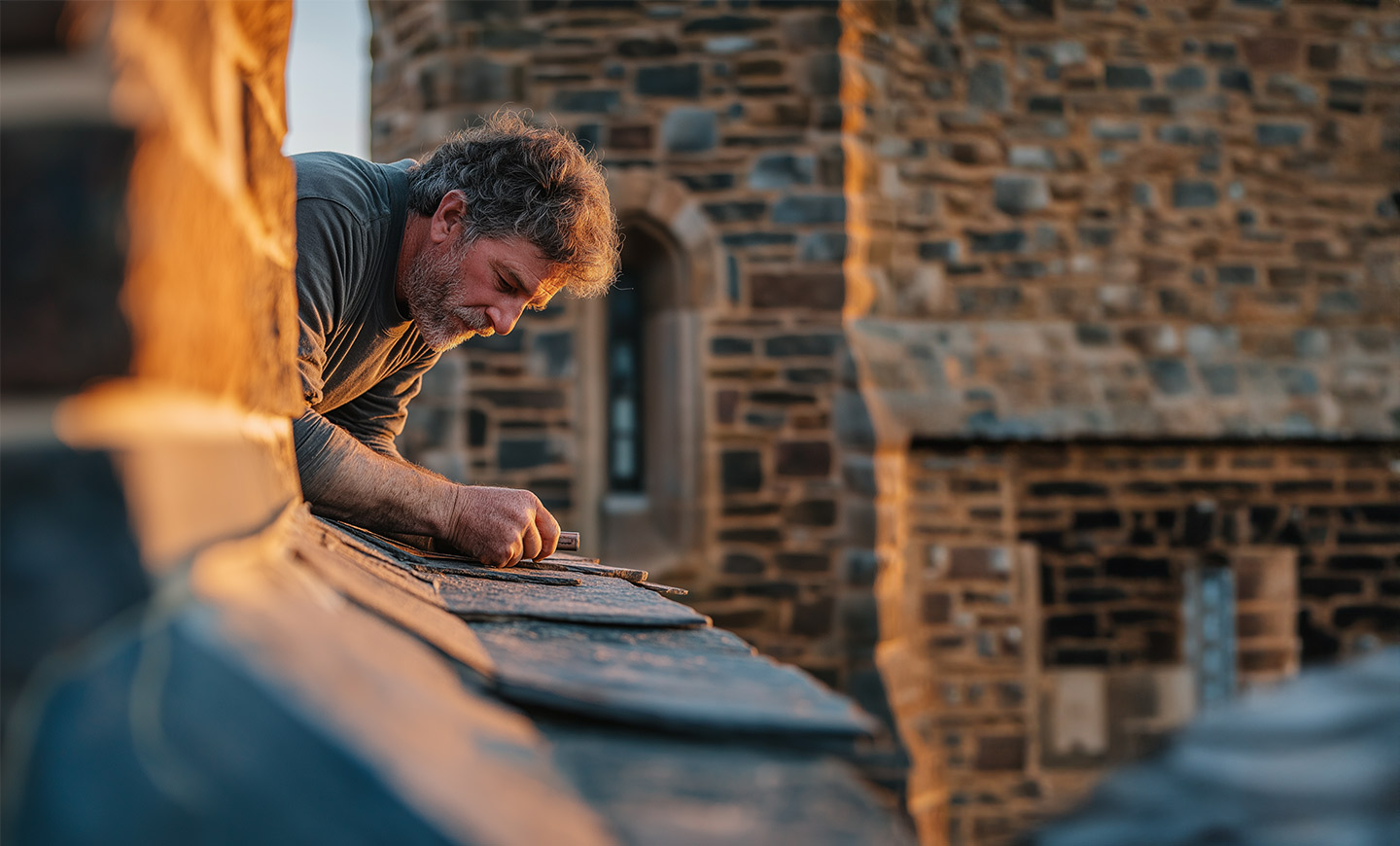 Expert repairing roof closeup