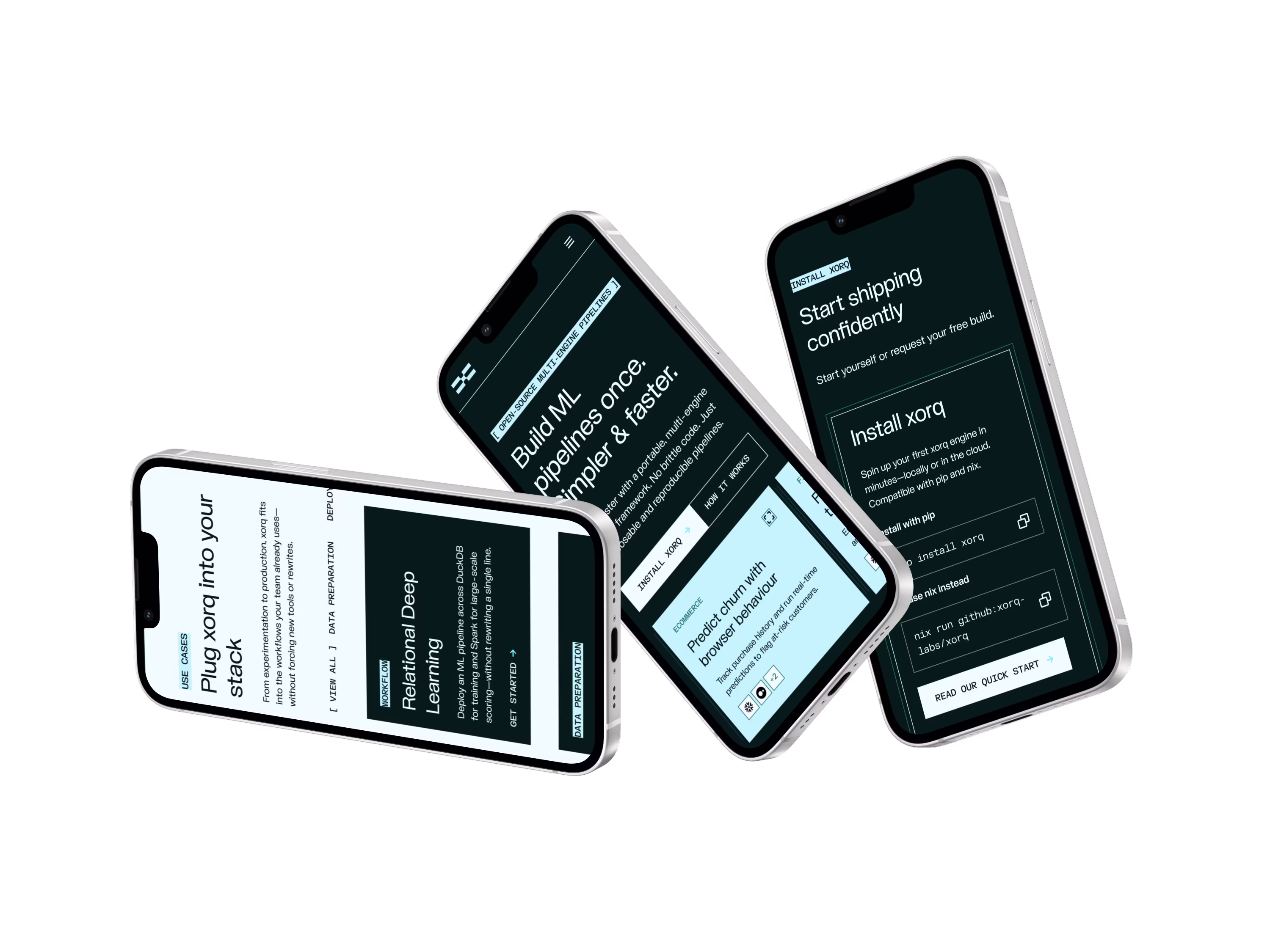 Xorq website shown on 3 tilted phones, including the homepage and use cases.