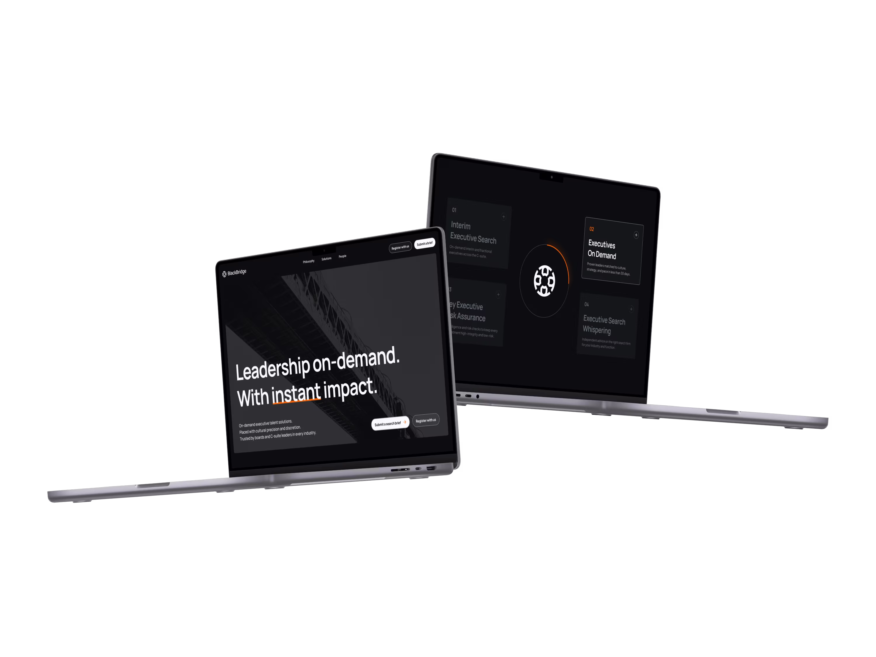 BlackBridge Executives website shown across two laptops.