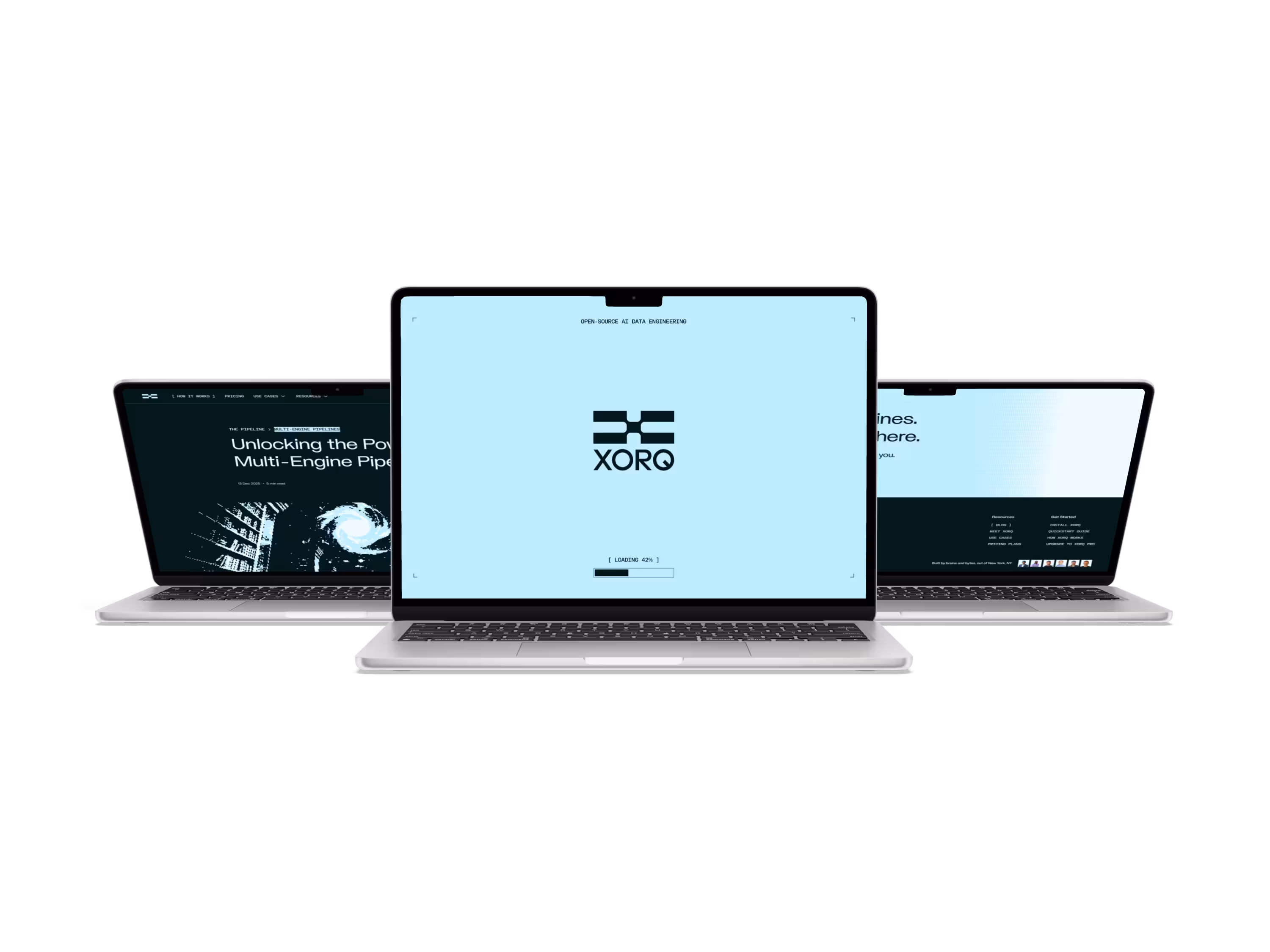 Xorq website across 3 Macbooks, showing a blog, a loading screen and a CTA banner.