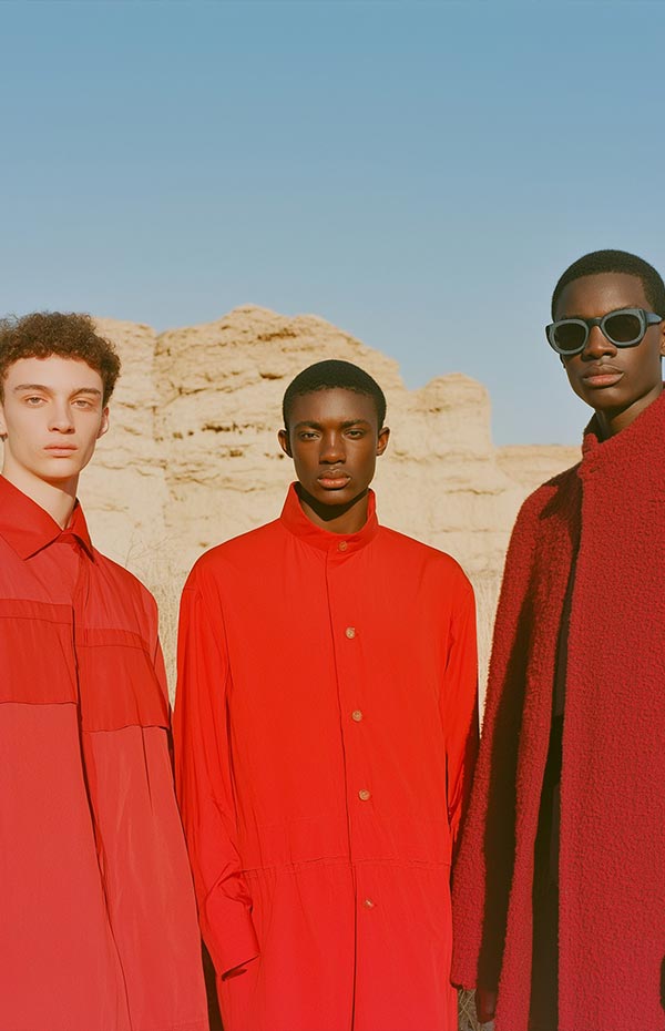 Three young men in red blazers standing in the desert.