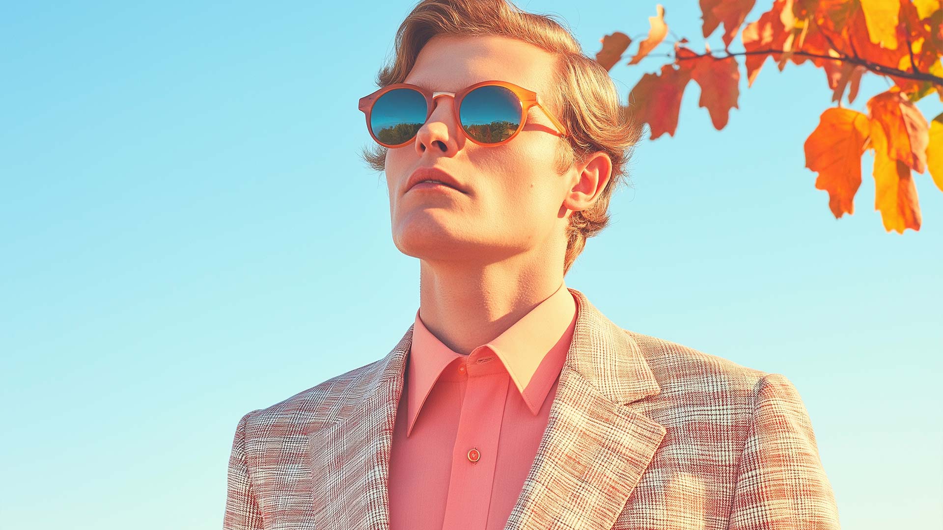 Young man in orange sunglasses and pink shirt.