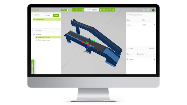 Computer monitor displaying 3D modeling software with a blue assembly conveyor design and system interface panels.
