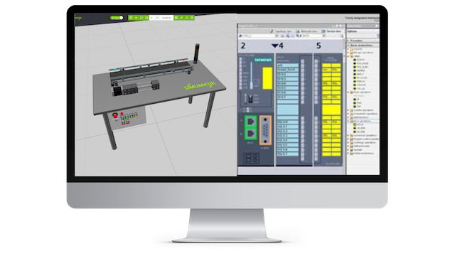 Computer screen showing a 3D simulation of a conveyor belt system on the left and a Siemens PLC programming interface on the right.