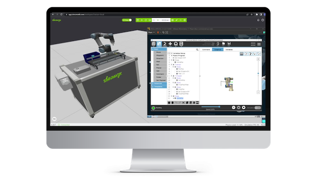 Computer monitor displaying a robotics simulation software with a robotic arm on a workbench and control panel interface.