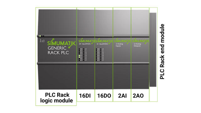 Simumatik Generic Rack PLC with labeled modules including power supply, digital inputs, digital outputs, analog inputs, and analog outputs.